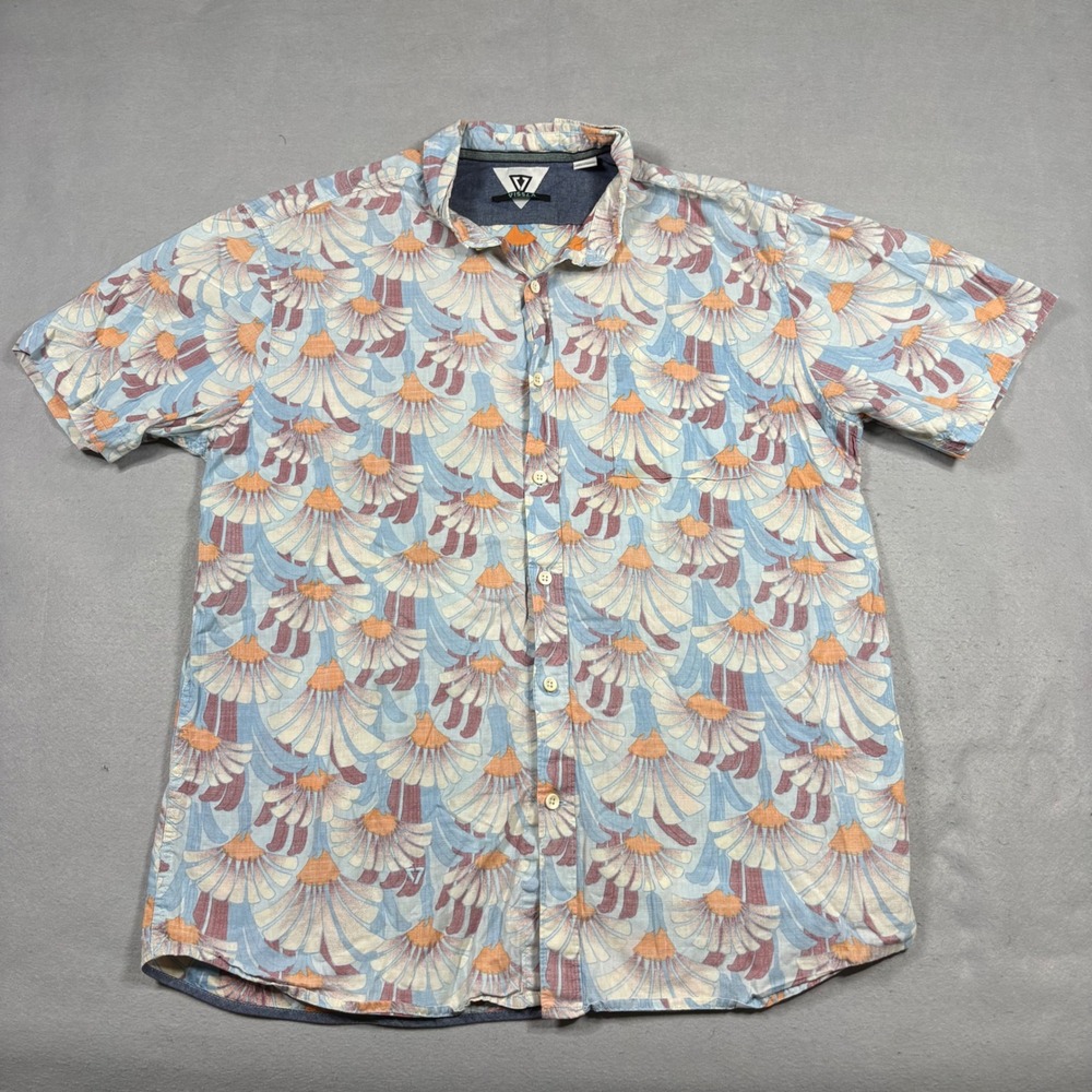 Vissla Mens XL Short Sleeve Button Down Shirt Blue Orange Floral Fan Print Surf